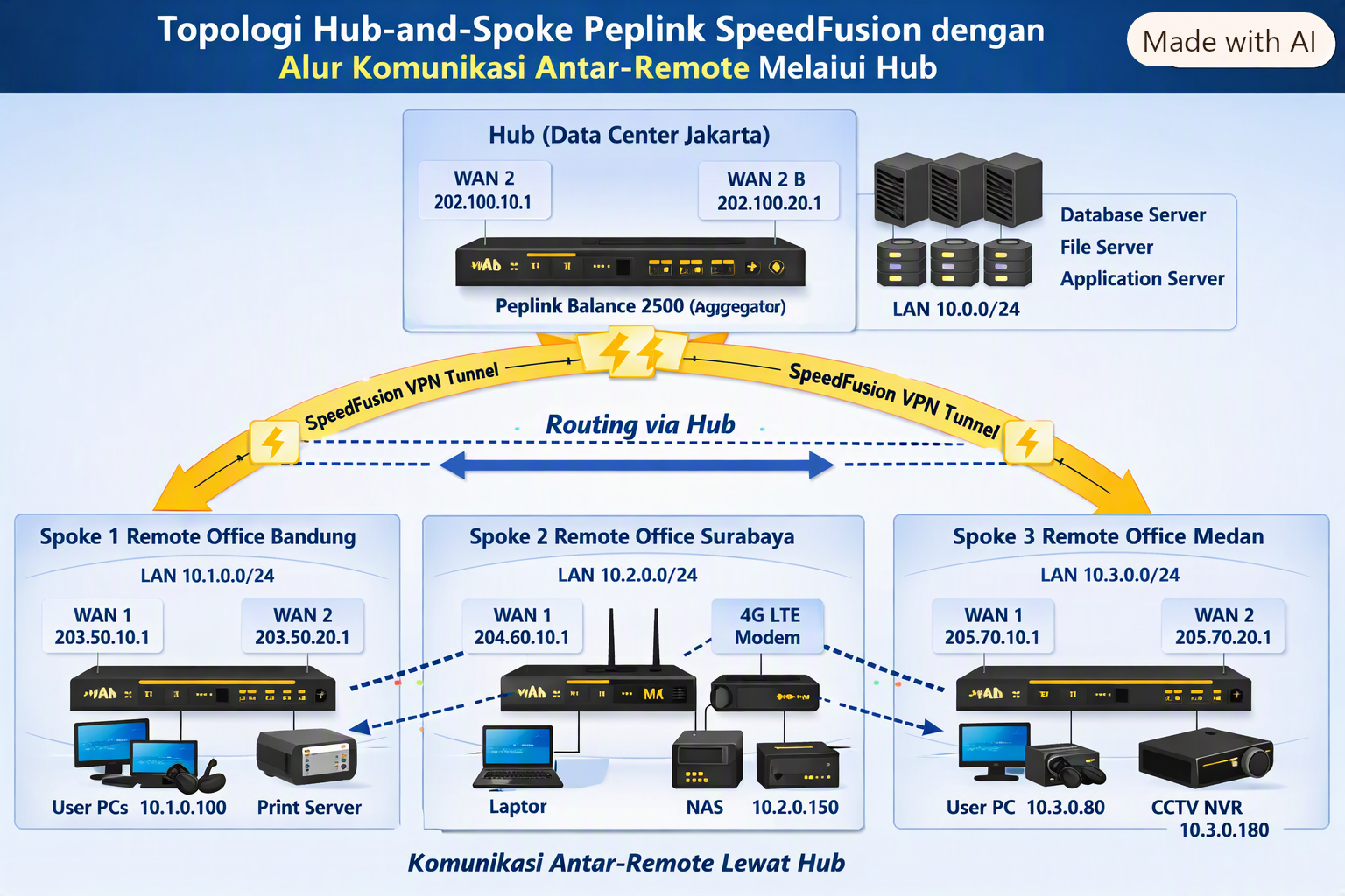 alur komunikasi antar-remote melalui Hub
