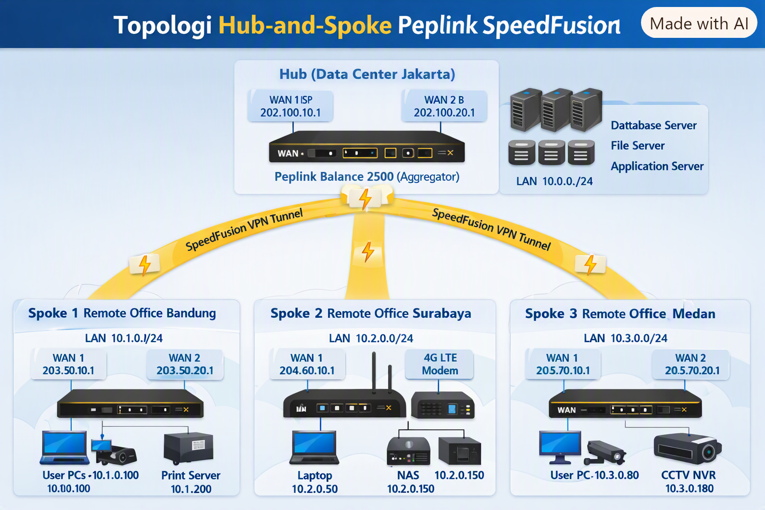 simulasi trafik SpeedFusion Hub‑and‑Spoke